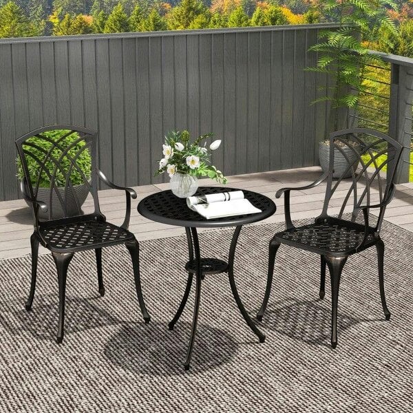 Bobobiy 3 Pieces Garden Dining Set for 2, Cast Aluminium Outdoor Dining Set with 2 Armchairs and Round Dining Table with Parasol Hole, Bronze Tone - Bronze Tone