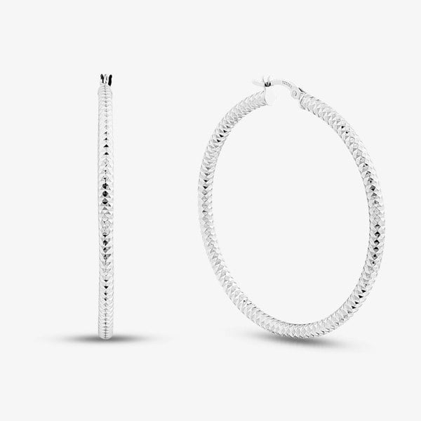 T. H. Baker Sterling Silver Rhodium Plated 50mm Diamond Cut Hoop Creole Earrings 8.51.2409