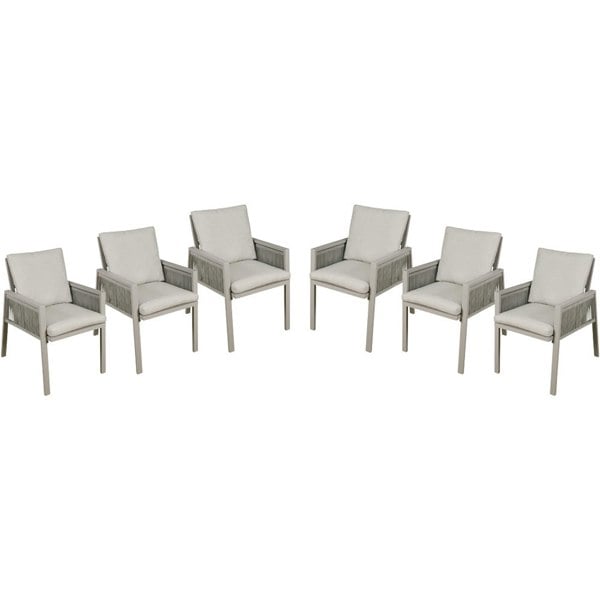 6 PACK Garden Dining Chairs & Armrests - Light Grey Aluminium & Rope - Outdoor