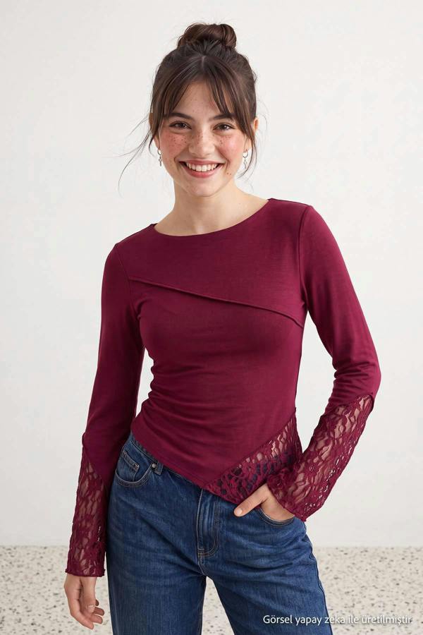 WOVCOR Boat Neck Spanish Sleeve Lace Detail Fitted Blouse