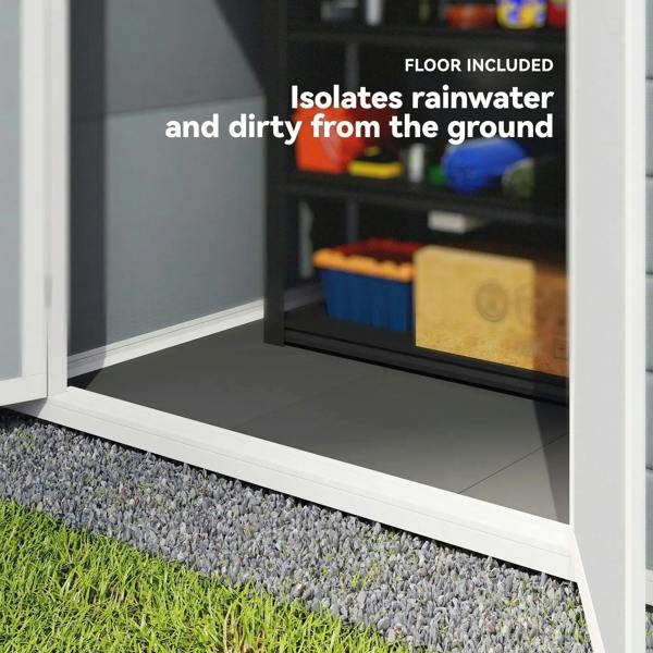 Garden storage shed with included floor base and raised threshold for interior protection