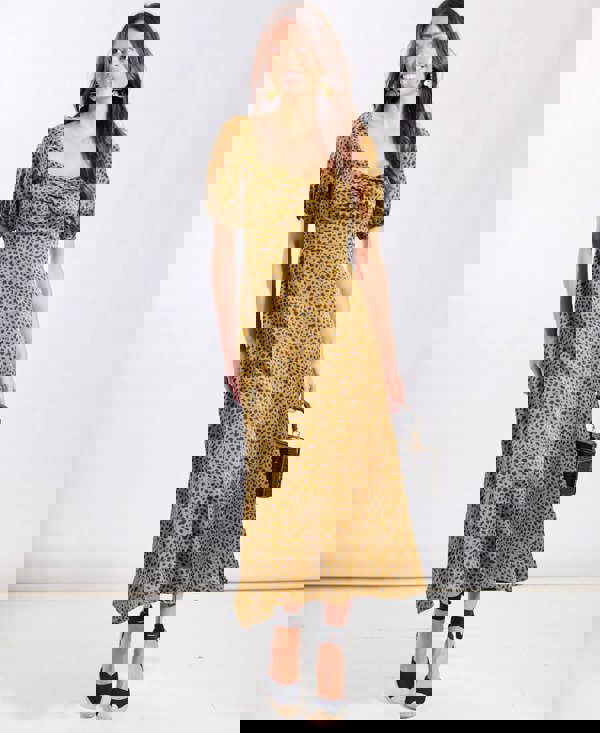 Brown Animal Sweetheart Neck Midi Dress