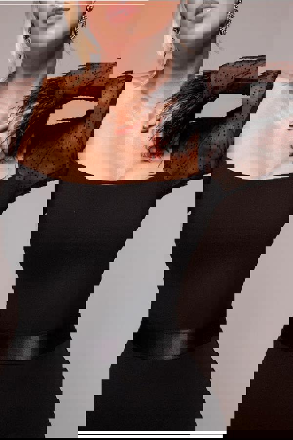 Dobby Mesh Feather Sleeve Evening Maxi Dress - Black DR4703