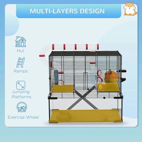 Black wire hamster cage with multi-layer ramp and jumping platforms plus tunnels
