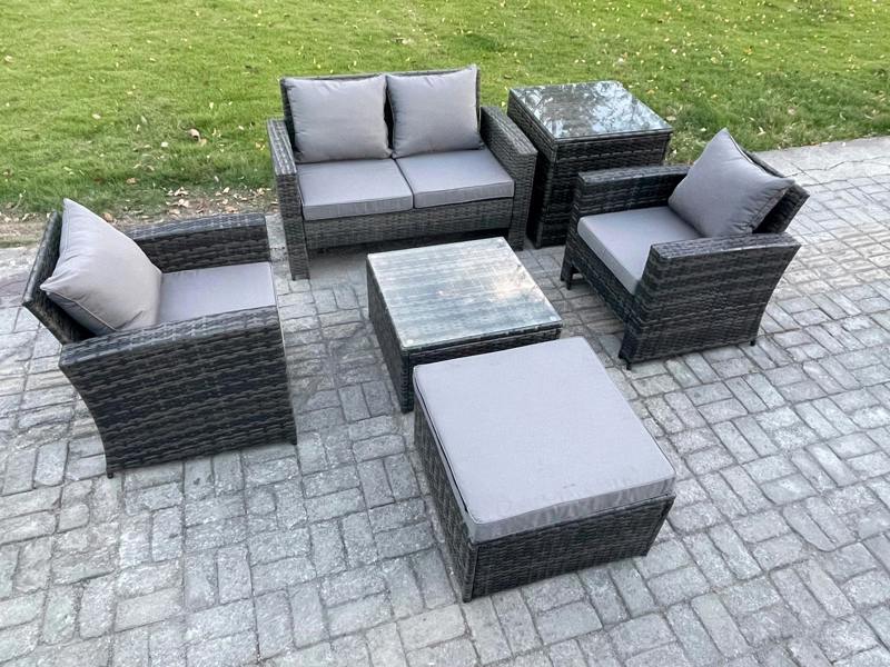 Fimous 6 PCS Outdoor Lounge Sofa Set, Wicker PE Rattan, Armchair, Square Coffee Table, Double Seat Sofa, Big Footstool and Side Table, Dark Grey Mixed