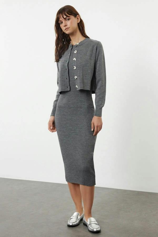 Hoxton Gal 2-Piece Midi Knit Basic Dress with Cardigan