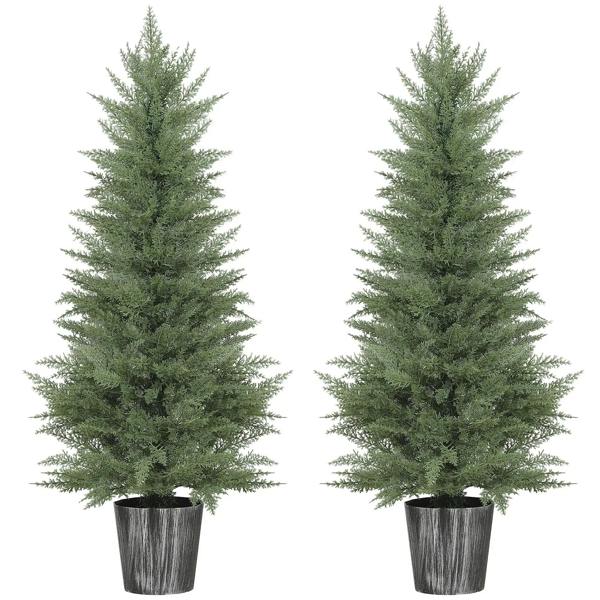 Set of 2 artificial cypress trees, 135cm tall, green foliage in dark decorative pots