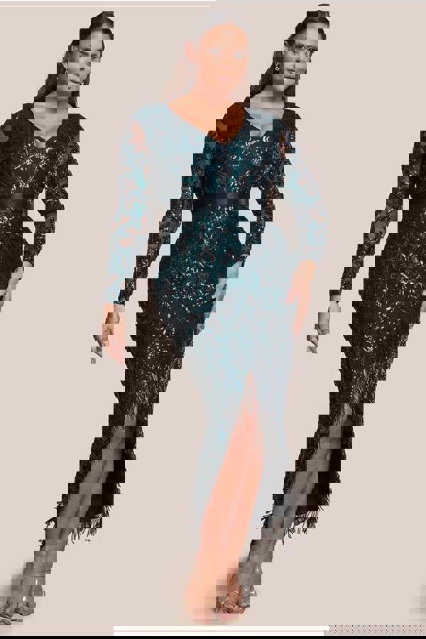 Tassel & Sequin Midaxi With Front Split - Emerald Green DR4006PLUS