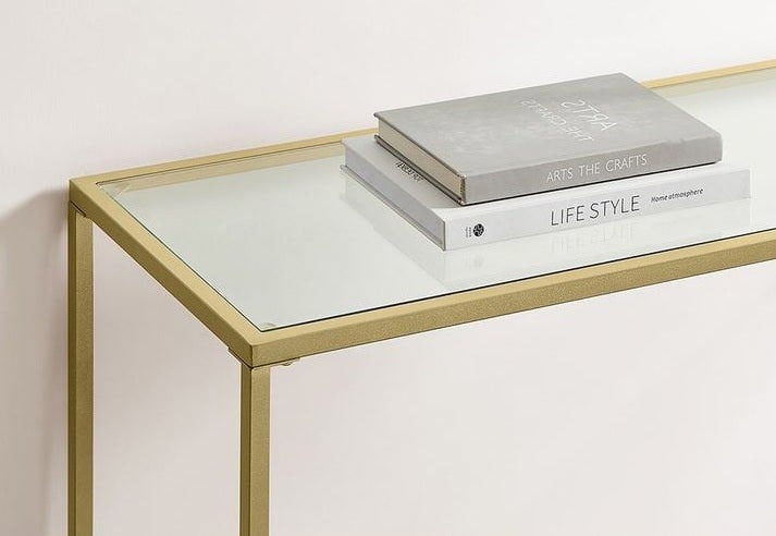 Modcraft Modern Golden Metal Console Table with Tempered Glass Top – 100 x 35 x 80 cm