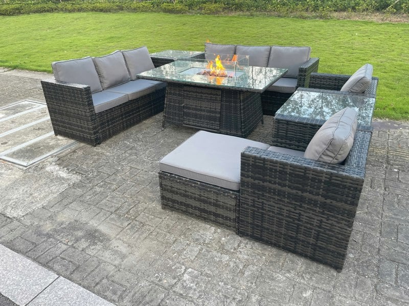 Fimous Outdoor Rattan Garden Furniture Gas Fire Pit Dining Table Sets Gas Heater Lounge Chairs Side Tables Dark Mixed Grey 9 Seater