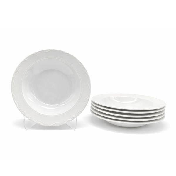 Soup Bowl Pasta Plate 4pc Set Porcelain White Embossed Floral Dot Rim