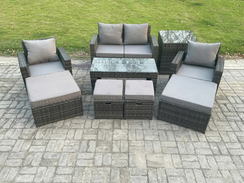 Fimous High Back Rattan Garden Sofa Set - Dark Grey Mixed Patio Furniture with Rectangular Coffee Table, Armchair & 2 Big Footstools