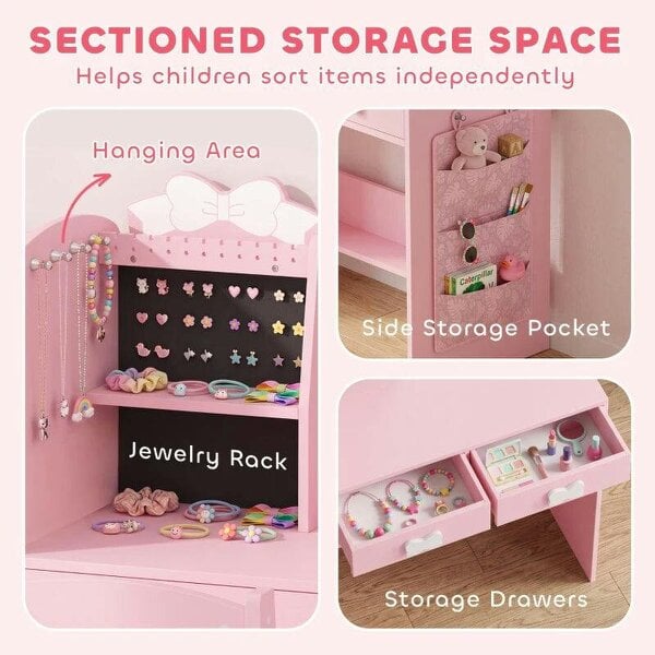 Kids Dressing Table, 3-in-1 Kids Vanity Set with Stool, 2-Colour Lights Mirror, Clothes Rack for Ages 3-8, Pink