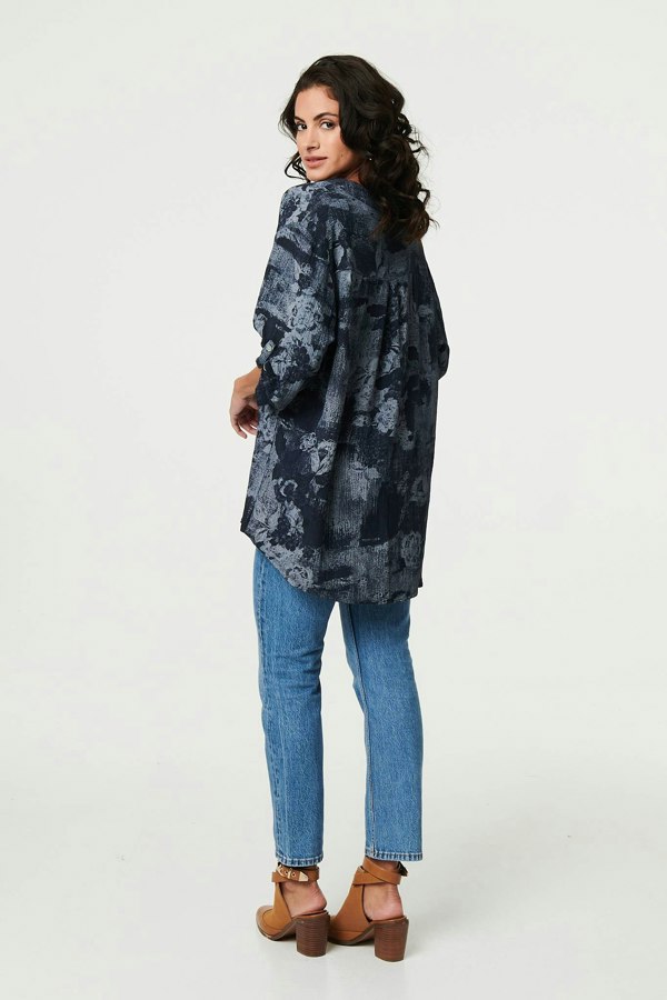 Navy | Floral 3/4 Sleeve Relaxed Blouse
