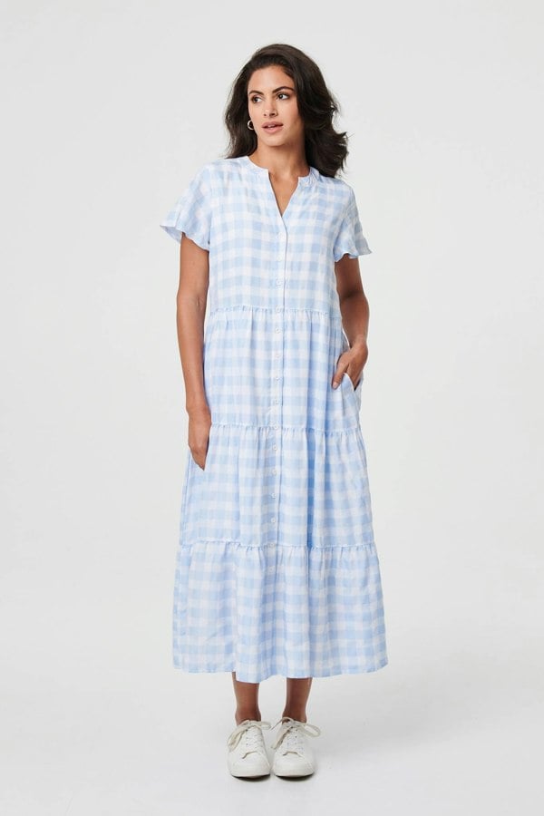 Blue | Checked Short Sleeve Tiered Maxi Dress

