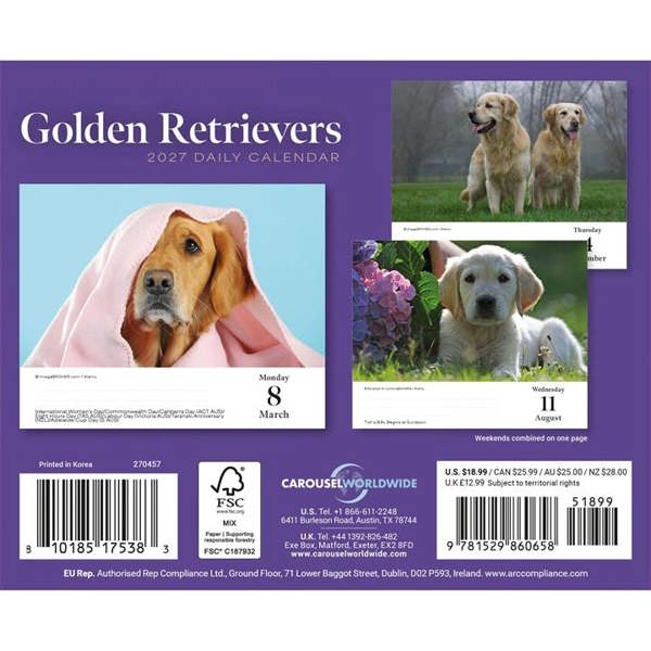 Golden Retrievers Desk Calendar 2027, Desk Calendars, Day To View, Dogs, Gift
