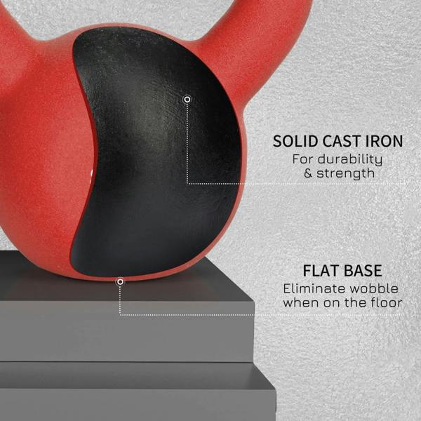 Red 10 kg soft kettlebell close-up of black flat base and rim
