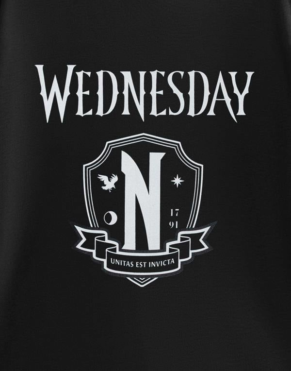 Wednesday Girls Black Unitas Est Invicta Short Sleeved T-Shirt
