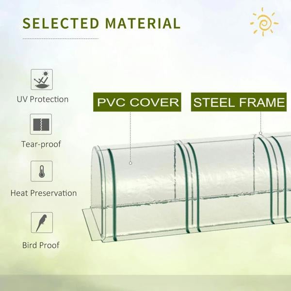 Clear PVC cover tunnel greenhouse with green steel frame and reinforced arched seams