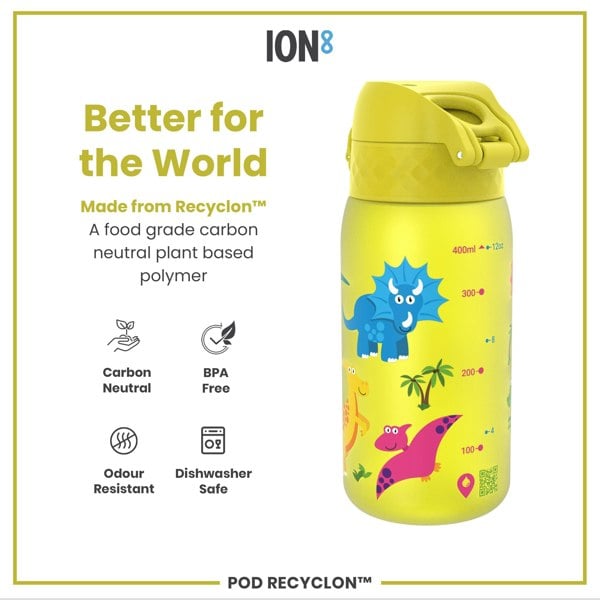A yellow, dinosaur-decorated water bottle sits on a white background. It is made from a plant-based polymer and is BPA-free, odor-resistant, and dishwasher-safe. The bottle displays volume markings.