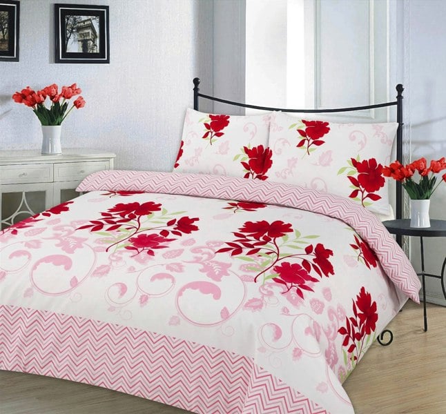 HomeSpace Direct Bethany Floral Duvet Cover Set Reverisible Zig Zag Bedding