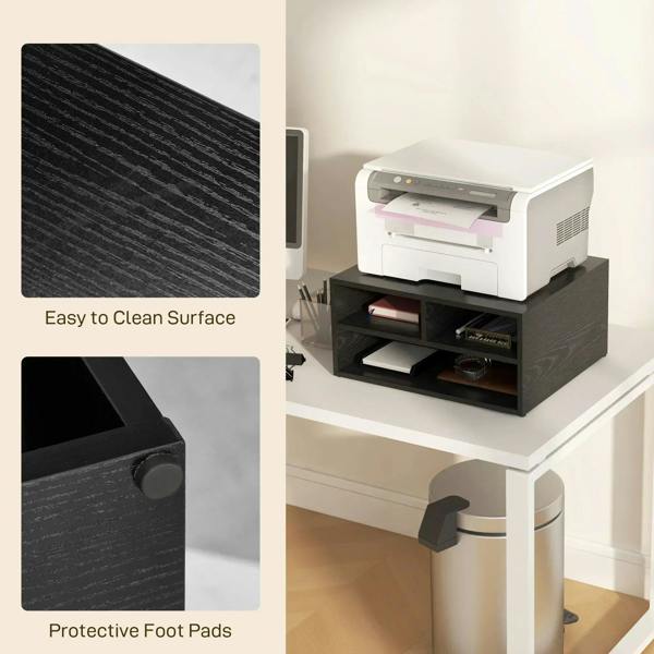 Black printer storage cabinet with open shelves and textured top surface detail