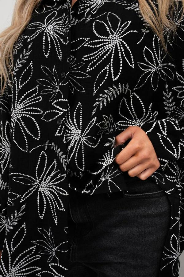 Erin Floral Print Oversized Long Sleeve Button Down Top - Black