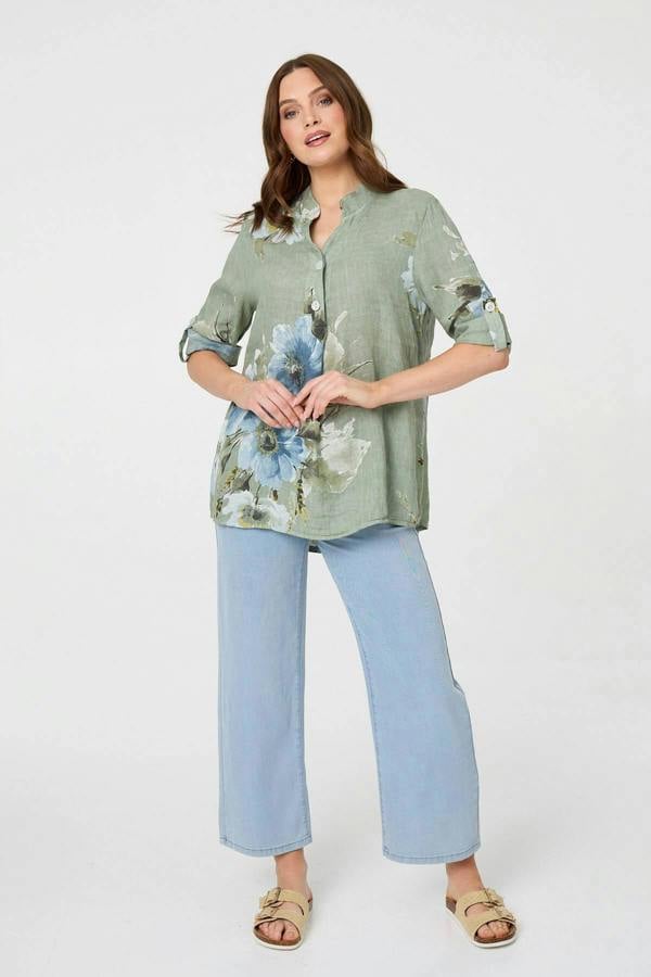 Sage | Floral Relaxed Turn-Up Sleeve Blouse
