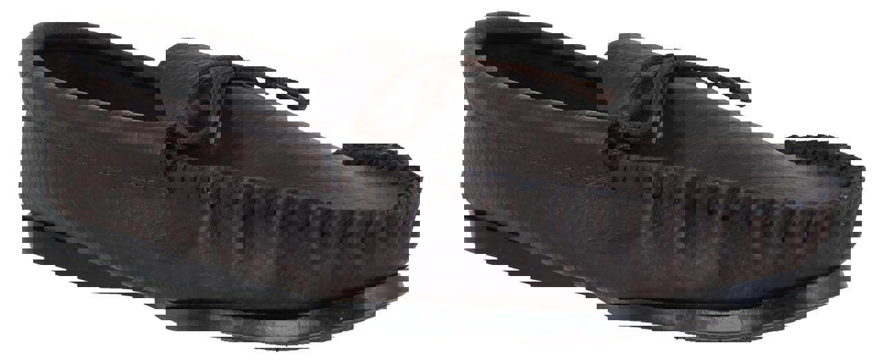 Northamptonshire Slipper Co. Mens British Hand Made Casual Leather Moccs Moccasins Slippers, close-up view of a dark brown leather moccasin with stitching details and a lace-up design.