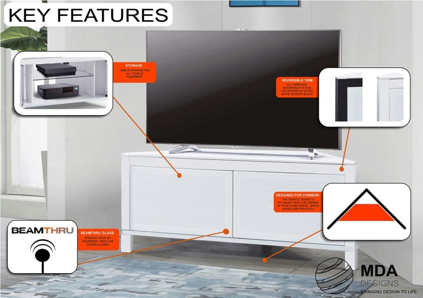 MDA Designs VOLANS Tru-Corner Remote Friendly Doors White/Black Reversible Panel LCD/Plasma/LED TV up to 42" Corner TV Cabinet