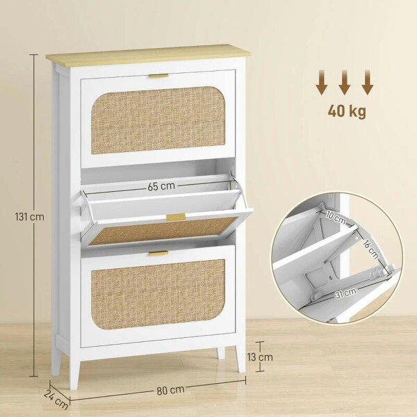 Narrow Shoe Cabinet, Boho Slim Shoe Storage Cabinet with 3 Flip Drawers, Holds 21 Pairs, White
