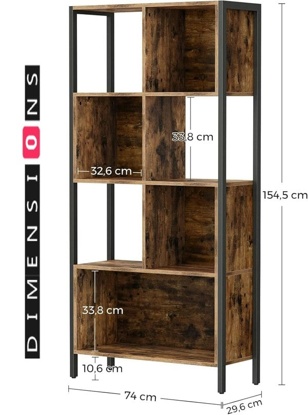 Modcraft Industrial Bookshelf Rustic Brown Bookcase with Steel Frame for Living Room or Home Office