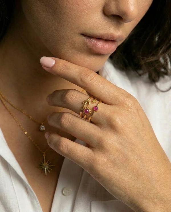 Elk & Bloom Chunky Star, Moon & Sun Gemstone 14K Gold Ring
