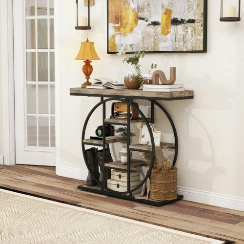 Wyld Haus Reyore Metal And Wooden Rustic Brown Industrial Console Table With OFauxn Shelving