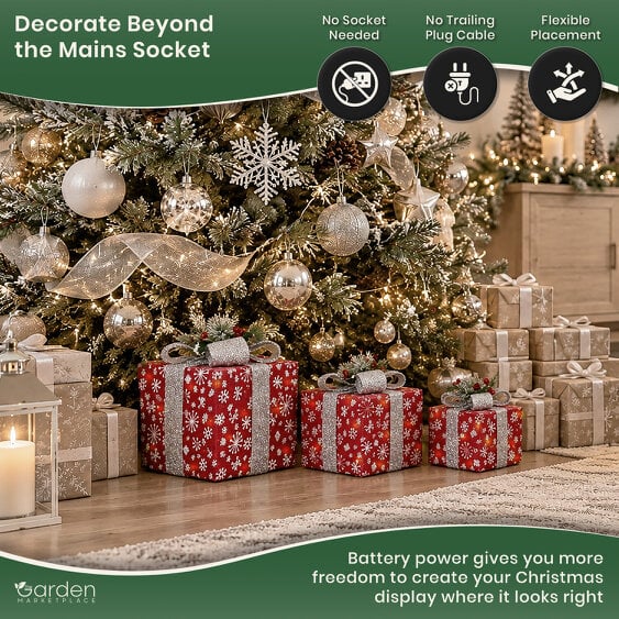 Set of 3 Lighted Red Sisal Christmas Parcels with Silver Bows, 35 White LEDs, Battery Powered, Festive Mantel & Tree Decoration