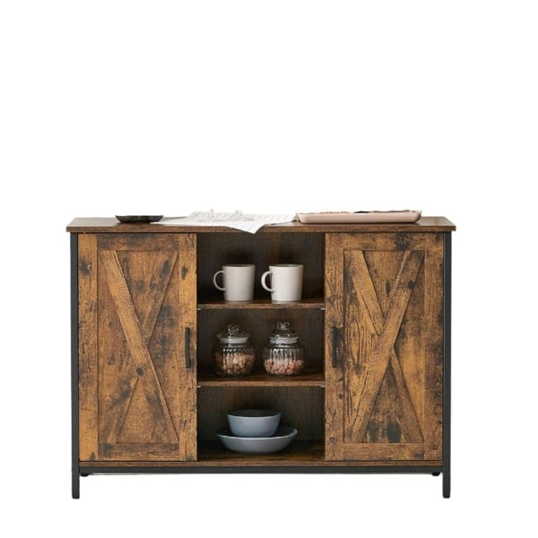 Modcraft Industrial Sideboard Buffet Table with Barn Doors & Adjustable Shelves – Rustic Brown & Black