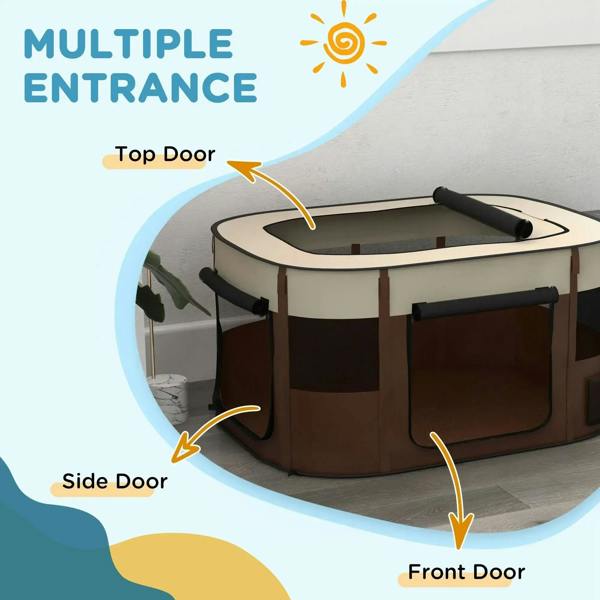 Brown foldable dog pen with top, side, and front door openings