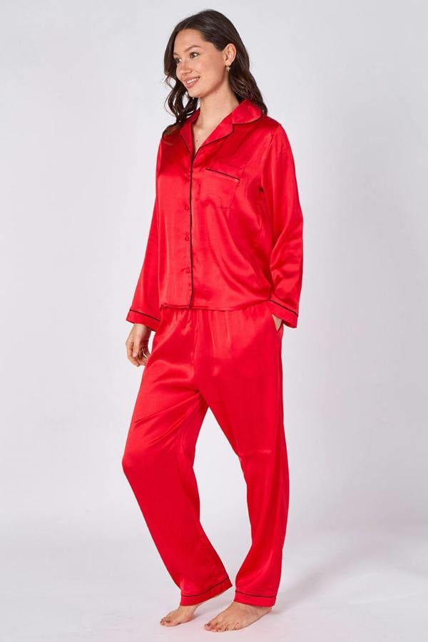 Elaina Fashion Red Long sleeve satin Pj set with pockets