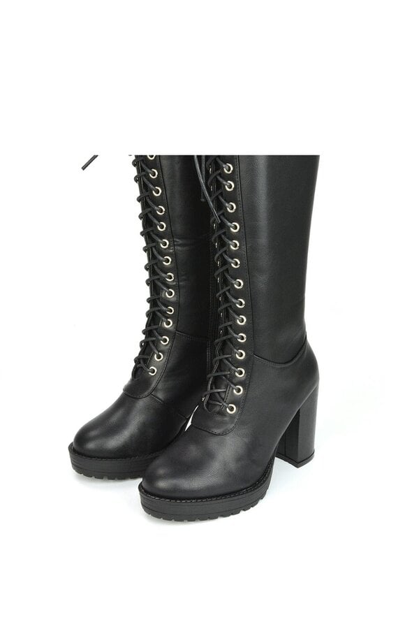 XY LONDON Knee High Block Heel Lace Up Platform Boots