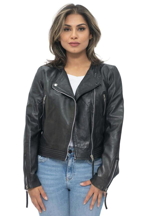 Infinity Leather Womens Collarless Biker Jacket-Padova