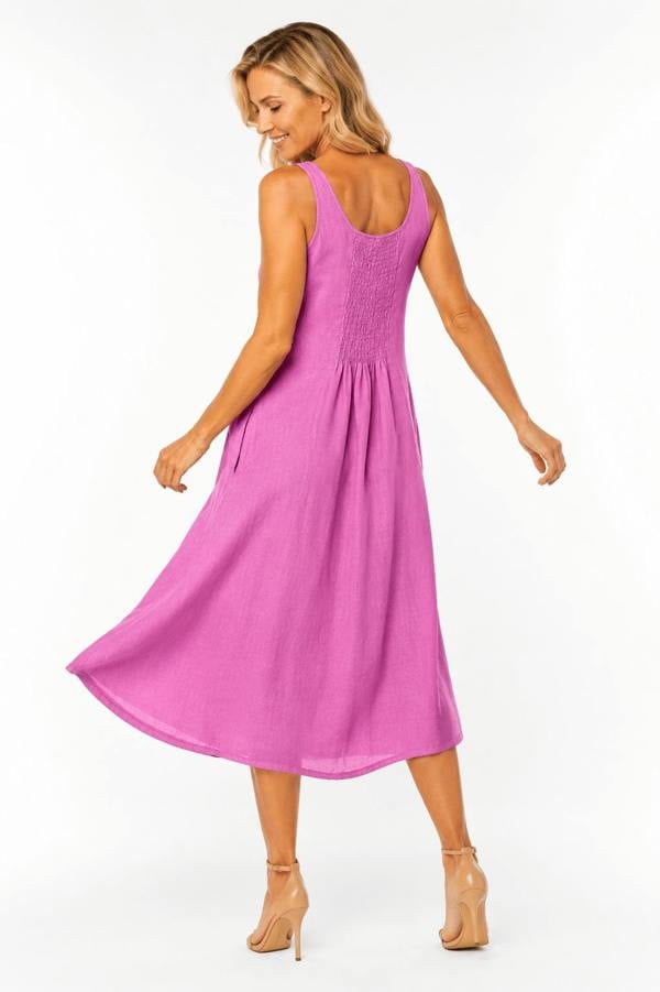 Claudio Lugli Sleeveless Scoop-Neck Linen Midi Dress with Pockets