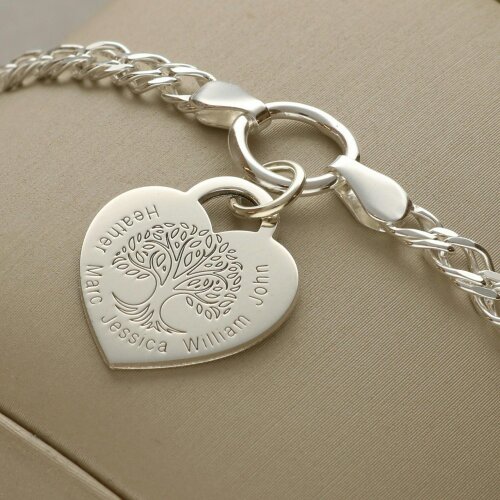 Christopher James of London Sterling Silver Personalised Tree of Life Heart Charm Double Curb Bracelet