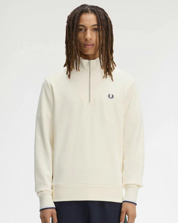 Fred Perry Mens Half Zip Sweatshirt - Ecru/Dusky Blue/French Navy 94B | CHO | Designer Mens Sweatshirts