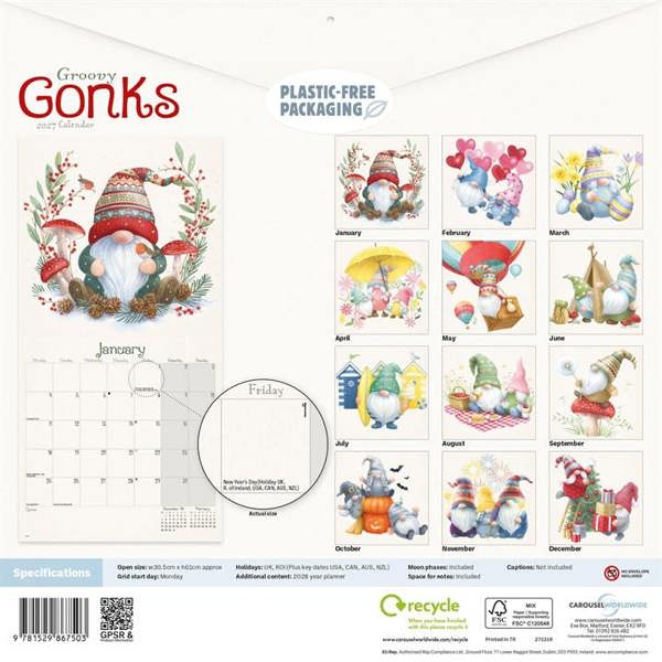 Groovy Gonks Calendar 2027, Wall Calendars, Month To View, Lifestyle, Gift