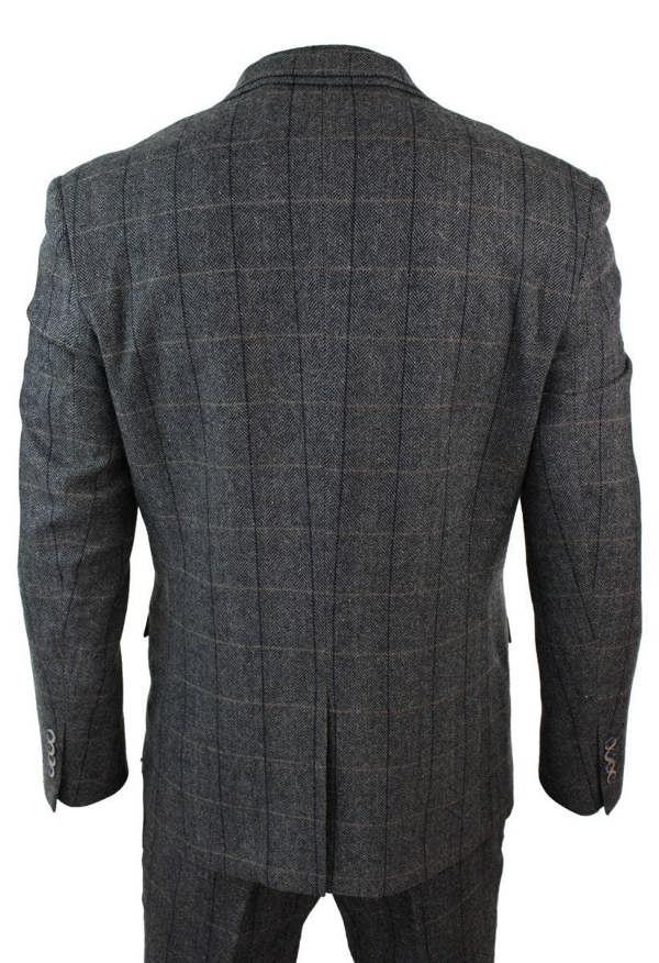 House of Cavani Mens 3 Piece Charcoal Grey Check Tweed Herringbone Vintage Classic Suit