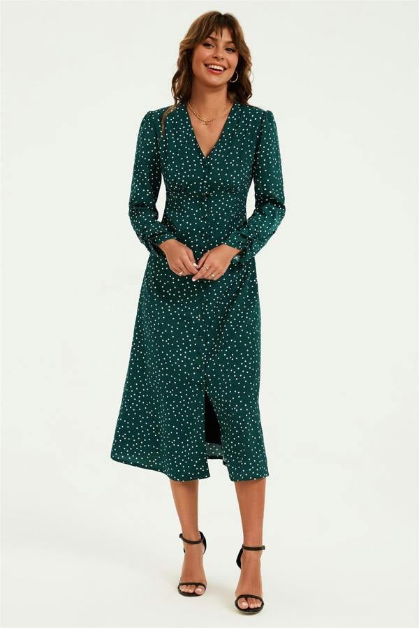 FS Collection Dot Print Long Sleeve Button Front Midi Dress In Green