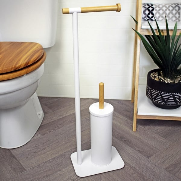 Showerdrape Sonata White & Bamboo Toilet Roll Holder & Toilet Brush Combination