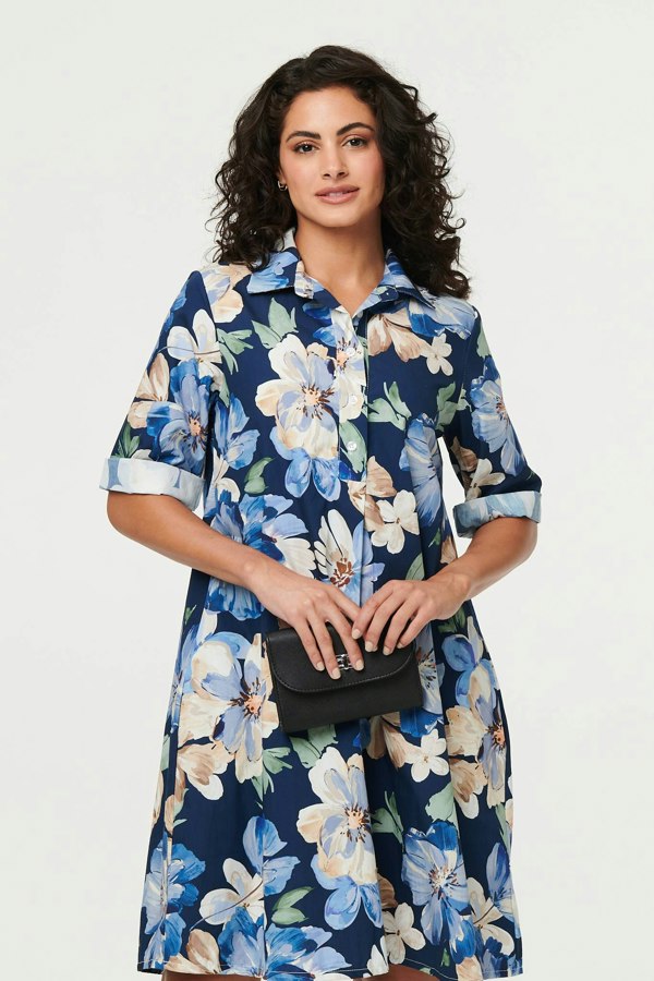 Navy | Floral Oversized Knee Length Shirt Dress
