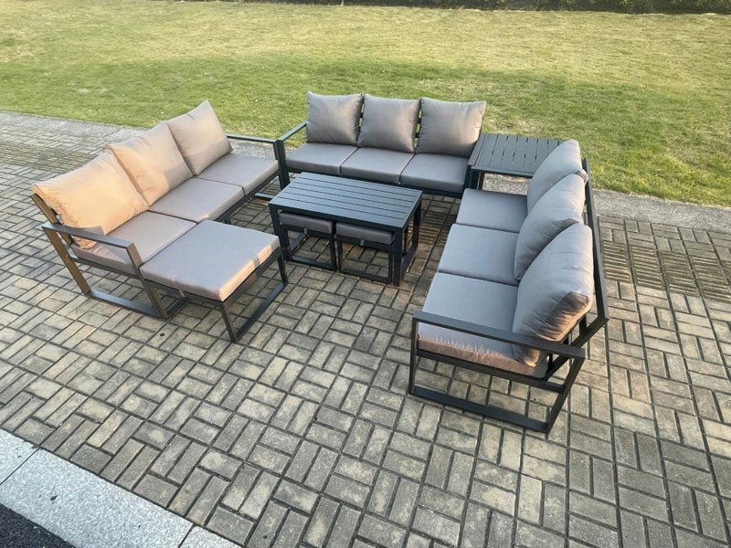 Fimous Aluminium Outdoor Garden Furniture Set Lounge Sofa Oblong Coffee Table 3 Footstools Side Table Sets with Cushions Dark Grey 12 Seater