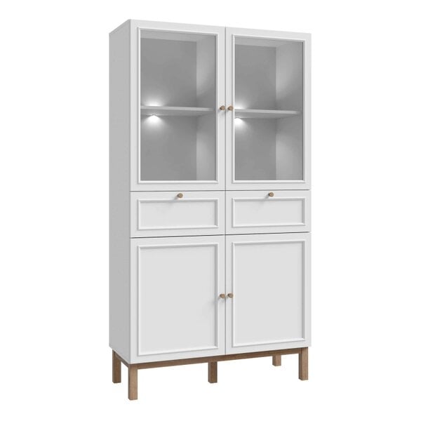 Wyld Haus Niva Light Grey and Natural Oak Effect Display Cabinet with LED Lighting 4 Doors 2 Drawers